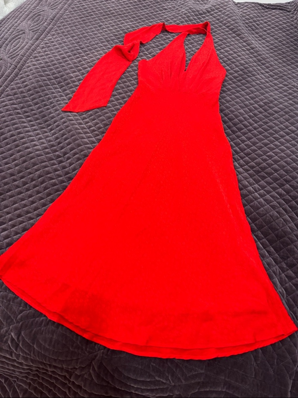 Zara floral jacquard v-neck halter red long dress with tie sz.S - Picture 7 of 16